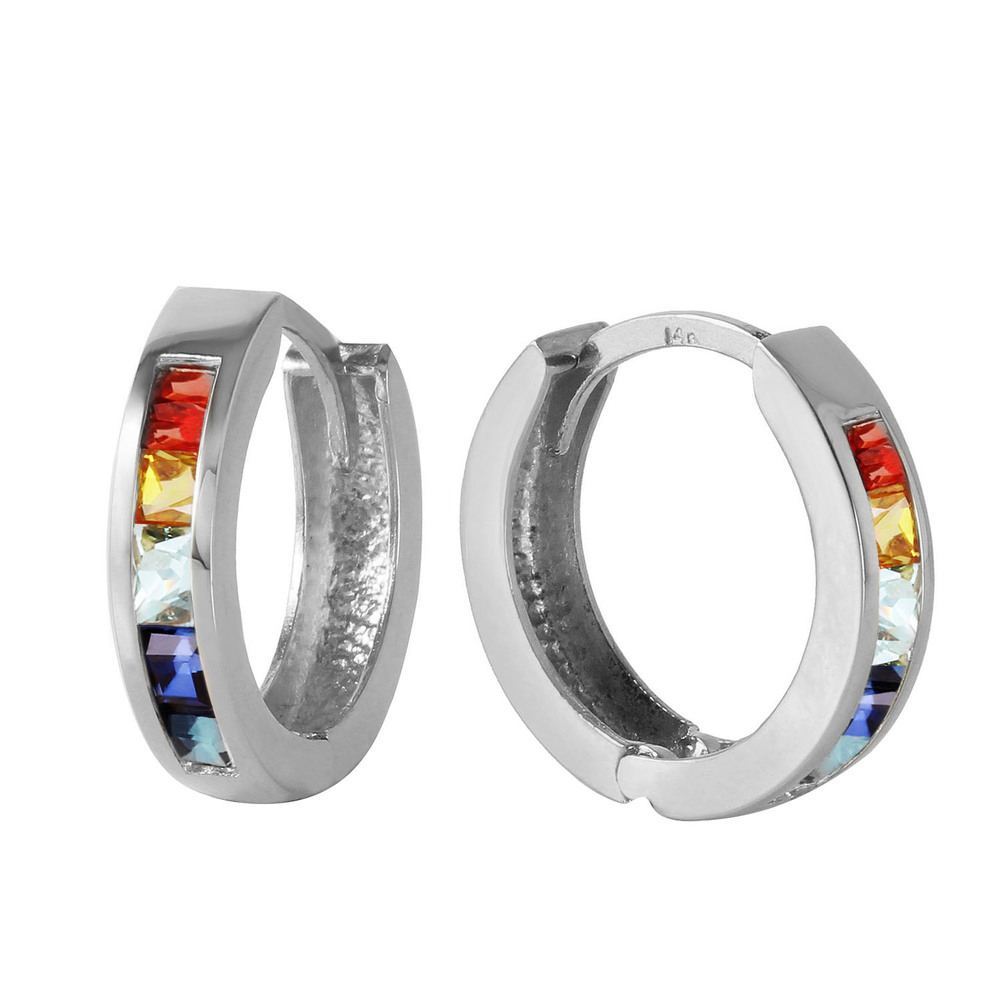 14K. GOLD HOOP EARRING WITH MULTI COLORS SAPPHIRES (White Gold) - Picture 3 of 3